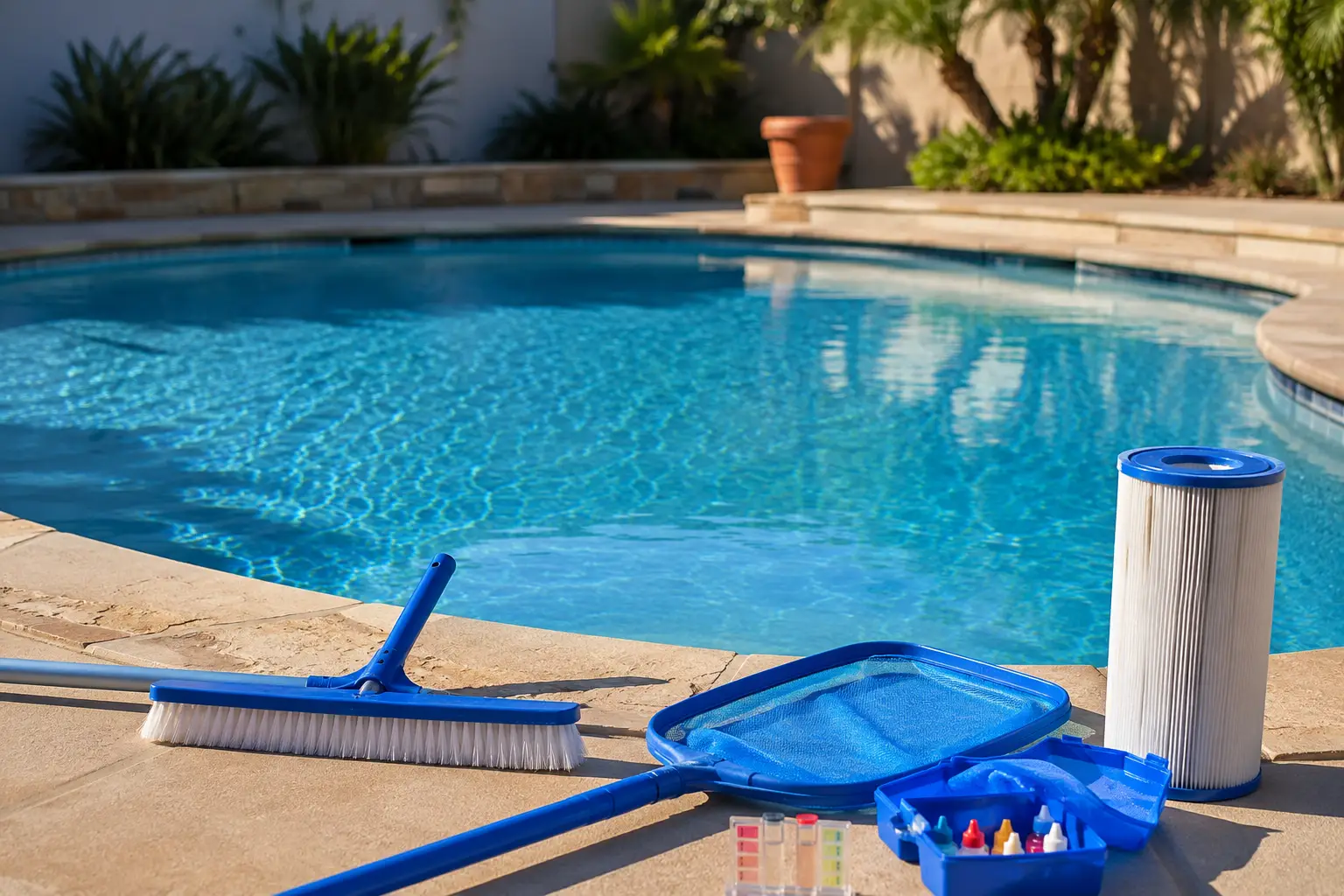 - Dream Pools Pool maintenance scene with a blue-bristled brush, a skimmer net, test kit, and chemical bottles laid out on the pool deck.